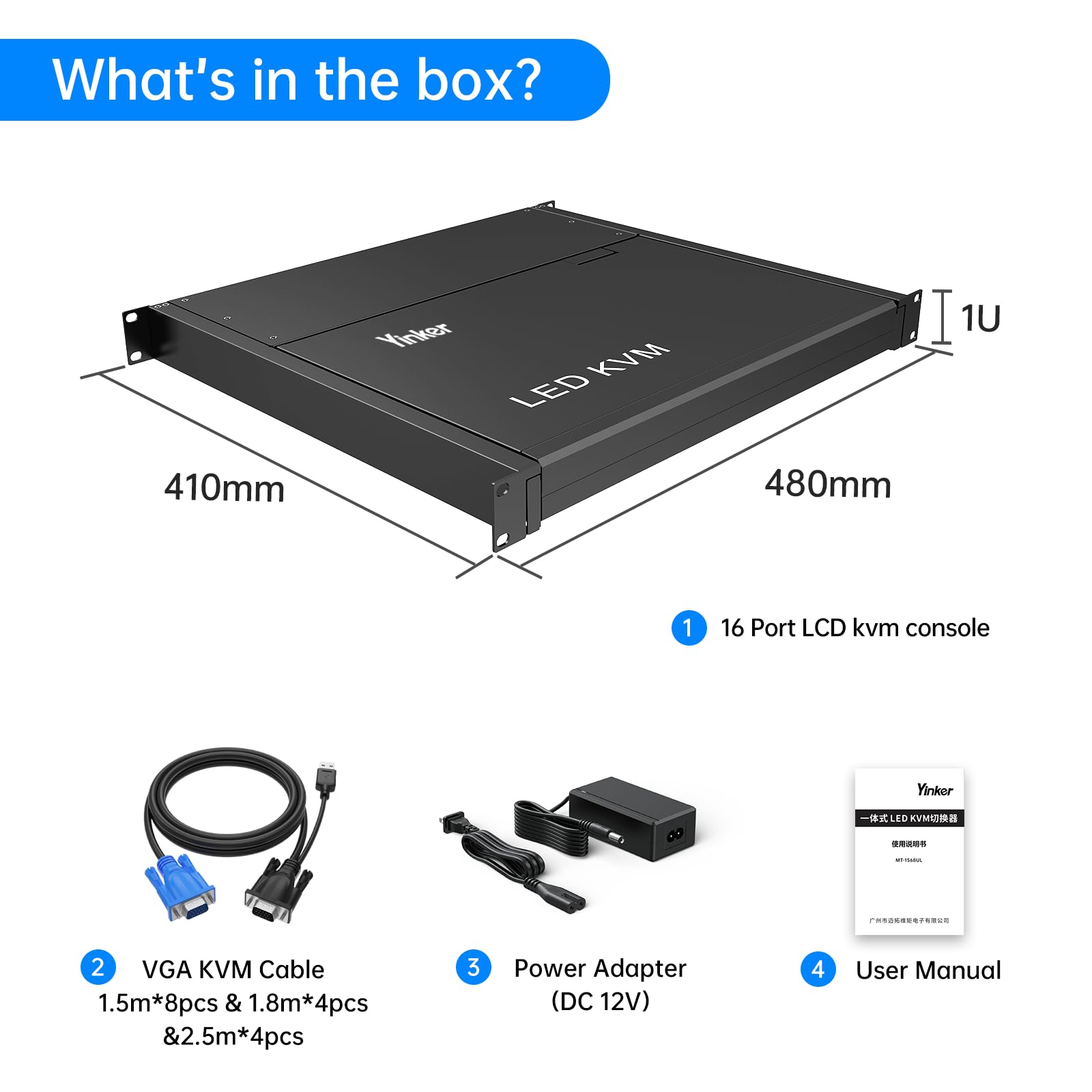 Console KVM LCD 16 ports à montage en rack, commutateur KVM Yinker VGA avec écran LCD de 15,6", convient pour armoire serveur réseau 1U 19" de 600 mm de profondeur avec clavier, pavé tactile, tiroir