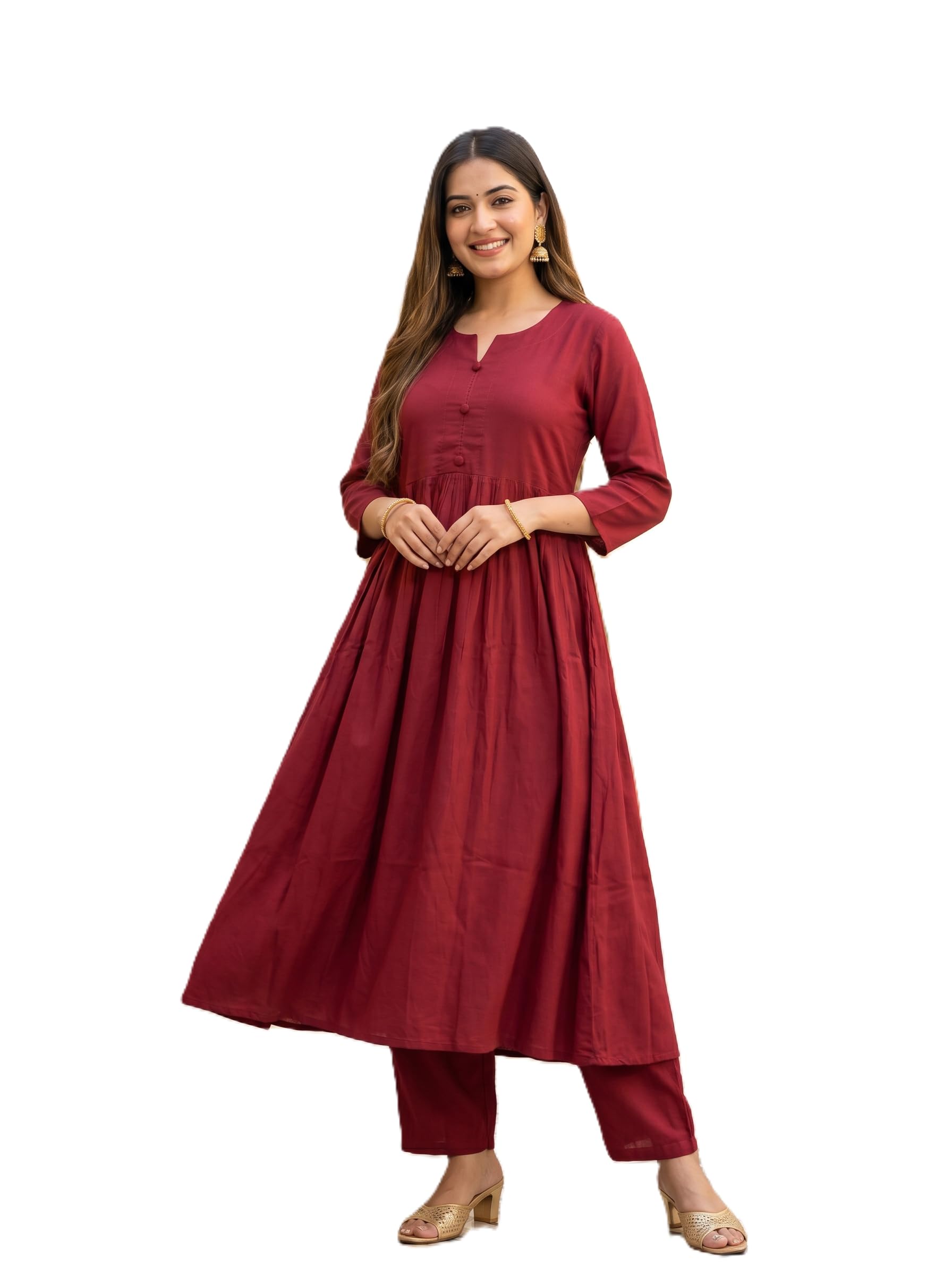 Women's Cotton Blend V-Neck, Button Front, Three-Quarter Sleeves, Anarkali Shape, Empire Waist, Pleated Design Kurta with Pant-image-11