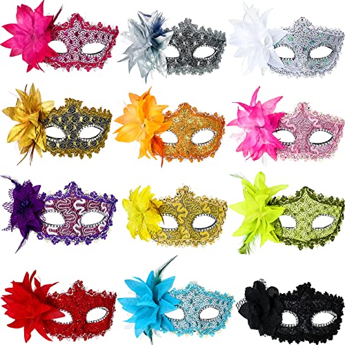 Payasos, Toy 12 Máscaras de Mascarada Máscara Veneciana de Baile de Graduación para Mujer con Flor Máscara de Encaje de Media Cara Máscara Antigua para Carnaval Navidad...