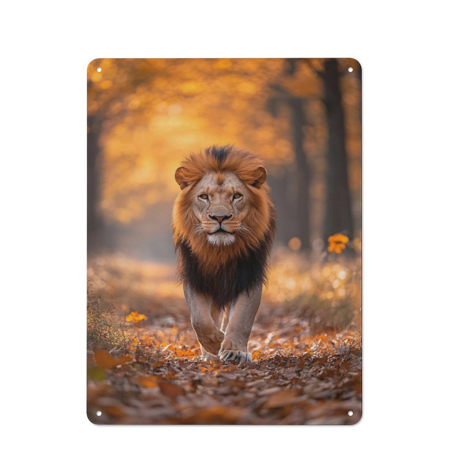 Junmoney Style-6 Retro Metal Plaque 40X30cm Featuring Majestic Lion Walking In Autumn Forest For Workshop Wall, For Metal Sign Collectors, For Garage And Workshop Walls