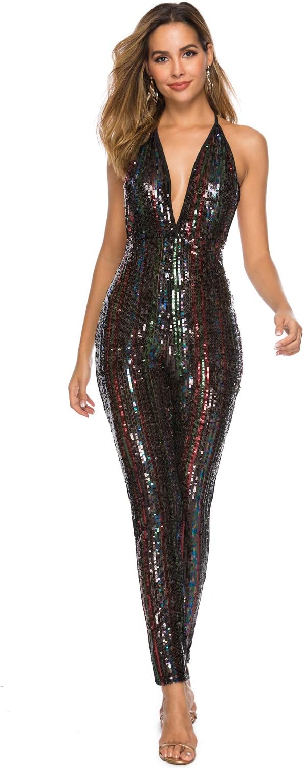PORRCEY Teen Strapless Leotards Club Sequined Jumpsuits (Medium, Black 6)