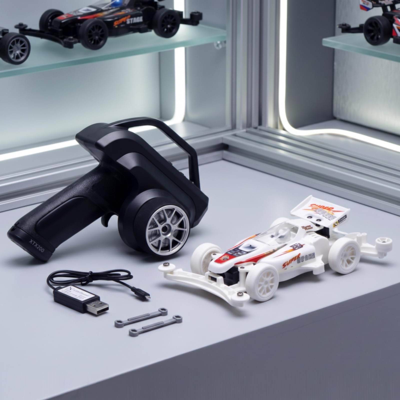 Mini Veicolo Radiocomandato Auto RC Macchinina Modellino Miniatura Elettrico in Plastica con Motore 130 Rapporto 4.0 1 Pacchetto Completo USB Ricarica, Bianco, 1 32