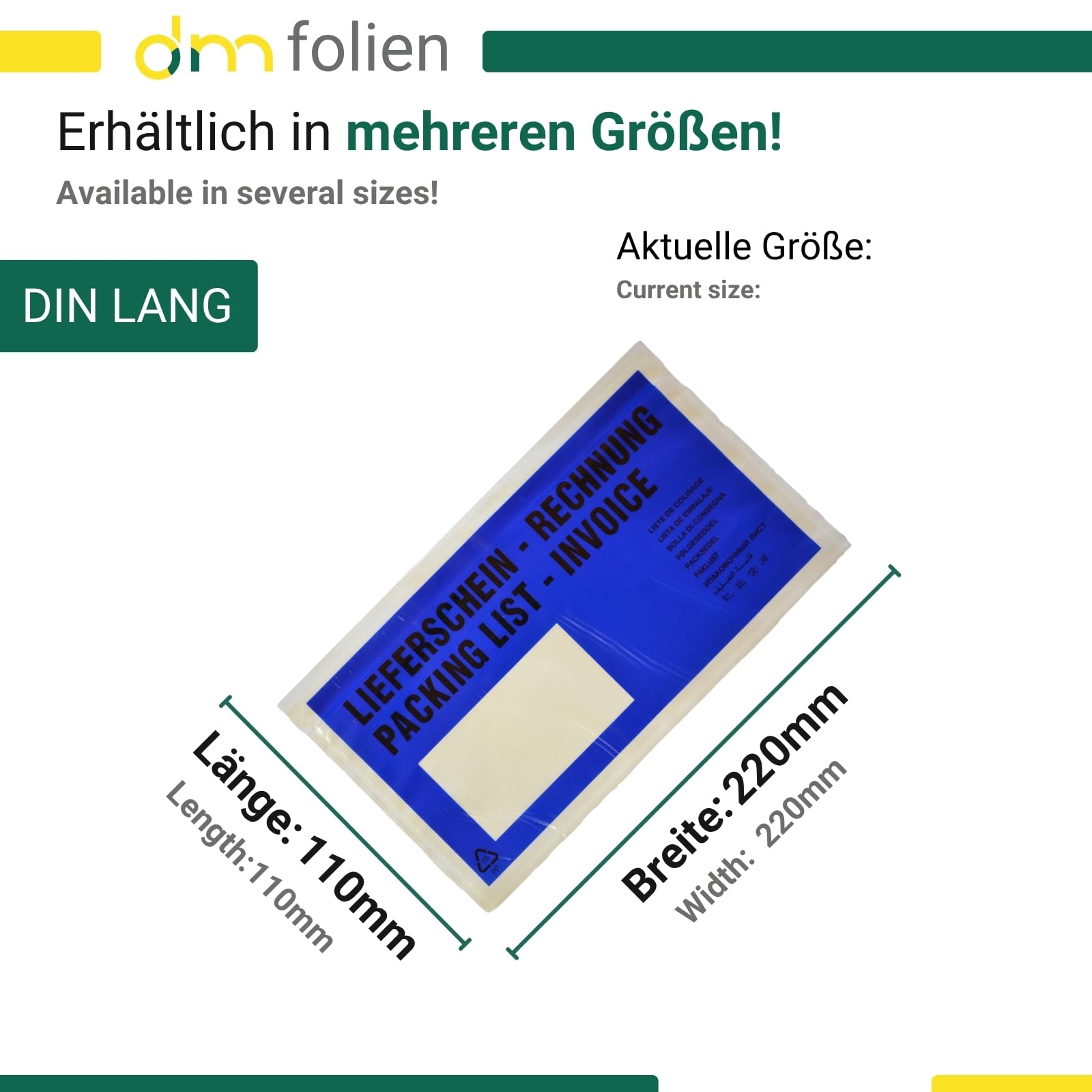 dm-folien Lieferscheintaschen DIN LANG I 1000 Stück I Selbstklebende Versandtaschen mit Aufdruck I Blau-transparentes Paketzubehör für Lieferscheine & Rechnungen I Versandzubehör aus PP