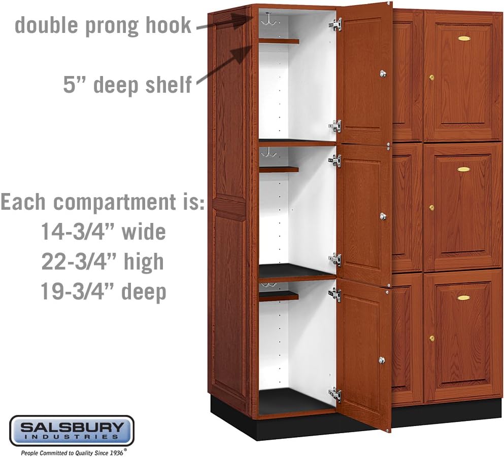 Salsbury Industries 3-Tier Solid Oak Executive Wood Locker with Three Wide Storage Units, 6-Feet High by 21-Inch Deep, Medium Oak
