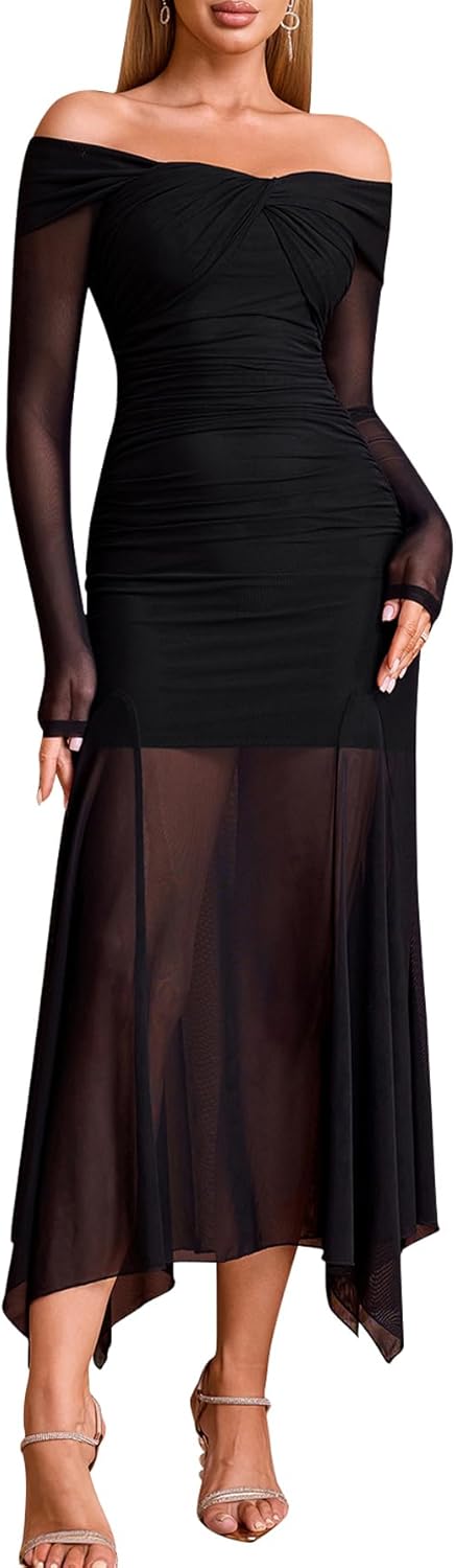 EYNMIN Women's Off The Shoulder Maxi Dress Long Sleeve Ruched Bodycon Asymmetrical Mesh Formal Fall Wedding Guest Dresses