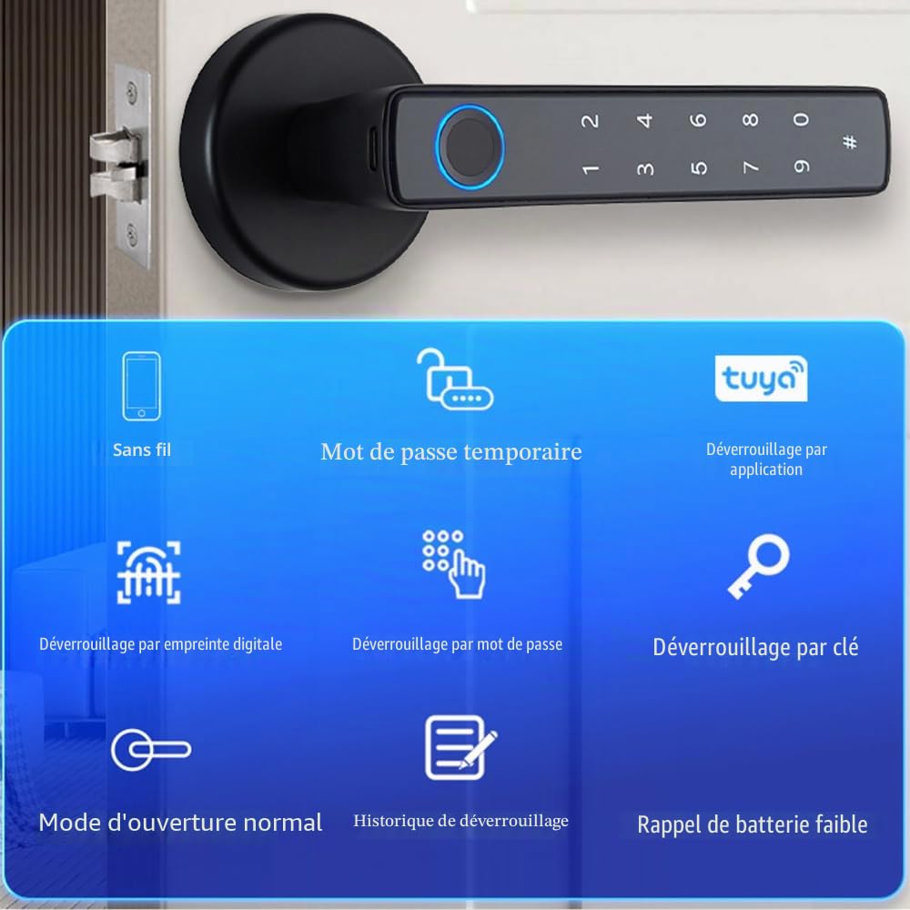 Serrure de porte intelligente 4 en 1 avec empreinte digitale, poignée, et 4 façons de déverrouiller