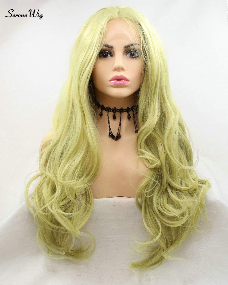 SERENEWIG24" Ladies Pastel Matcha Green Synthetic Lace Front Wigs for Women Daily Use Long Wavy Chartreuse Hair Cosplay Party Festival Tender Green Wigs Drag Queen