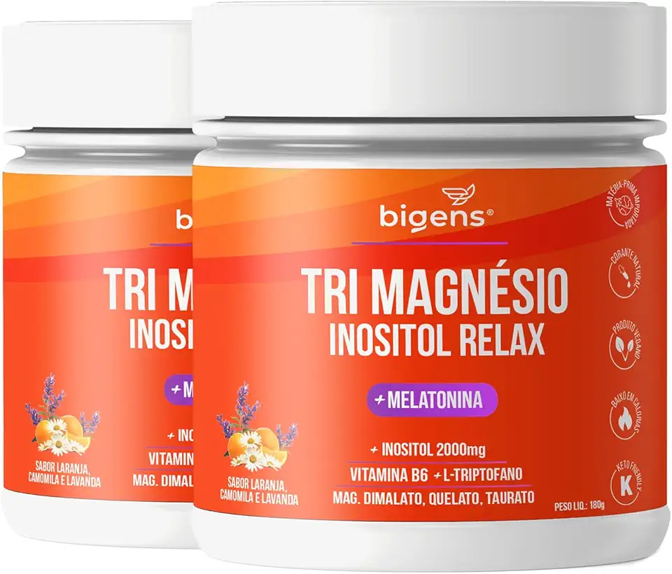 Tri Magnésio (dimalato, quelato, taurato) Inositol Relax, Melatonina, Triptofano, B6, Sabor Laranja Camomila e Lavanda, Bigens,180g (Kit 2)