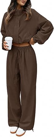 Tankaneo Womens 2 Piece Sets Fall Outfits Cropped Jacket Wide Leg Pants