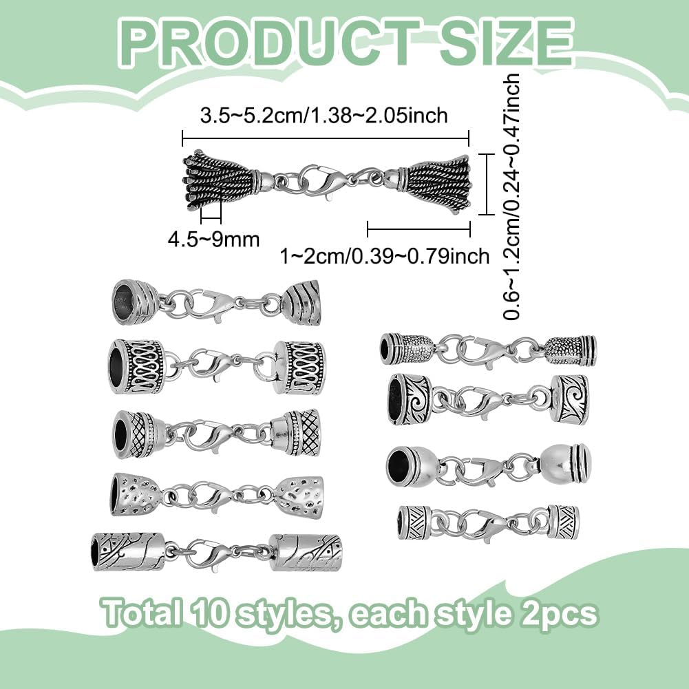 PH PandaHall 20PCS 10 Styles Cord End with Lobster Claw Clasps Connector Metal Glue-in Endcaps Tibetan Leather Necklace End Tip Antique Silver Cord Terminators for DIY Jewelry Making Bracelet Necklace