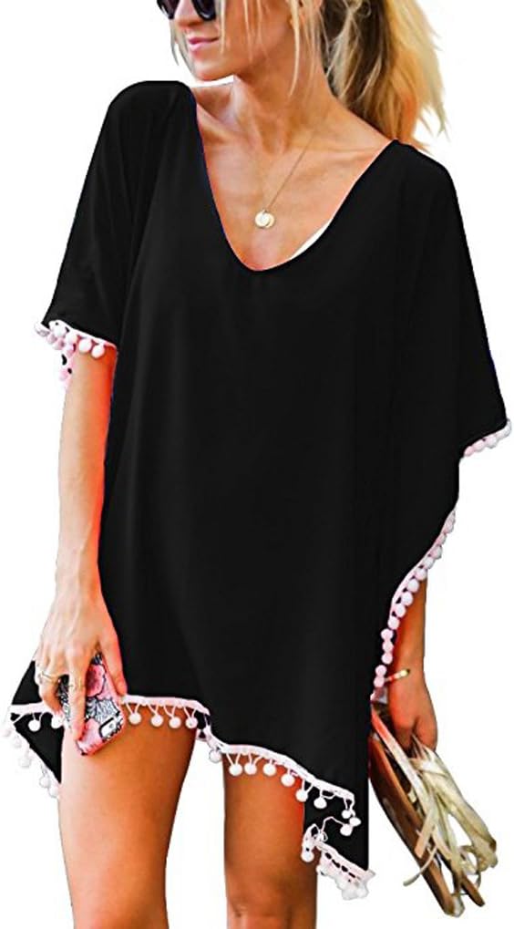Golden life Women's Summer Beach Wear Cover up Pom Pom Trim Kaftan Chiffon Swimwear Beach Cover Up