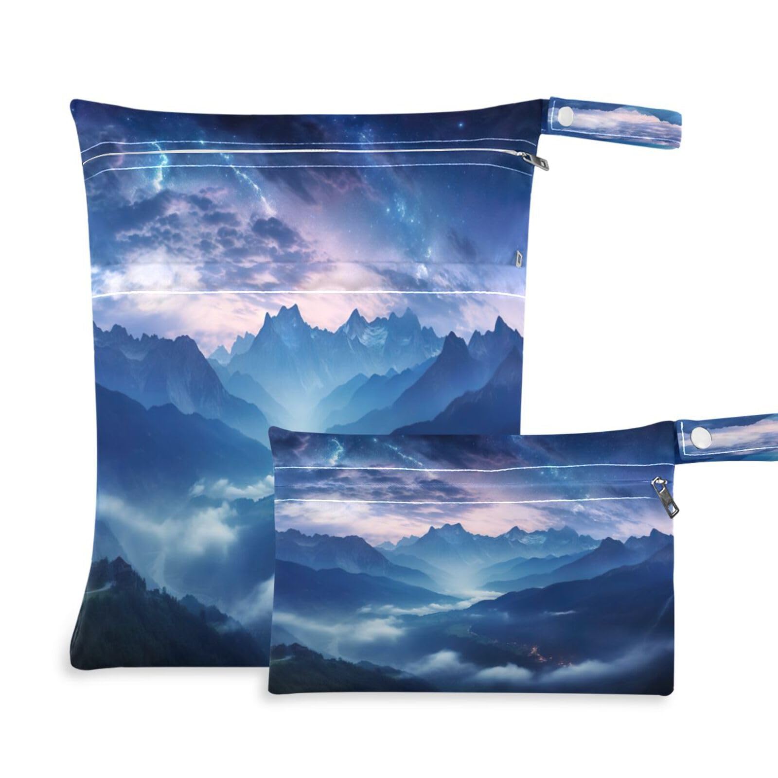 ATTX Space Mountains Wet Dry Bags 2-Pack - Reusable Cloth Diaper Storage for Travel, Beach & Gym | Multi-Use Waterproof Bags for Swimsuits, Baby Clothes, Sports Gear#215