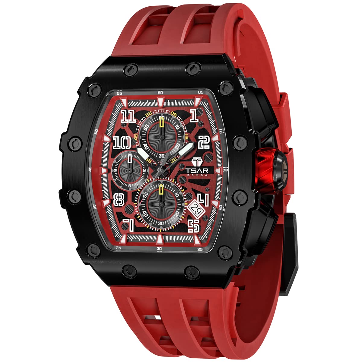 TSAR BOMBA Watches for Men Luxury Mens Watch Chronograph 50M Waterproof Sapphire Glass Japan Quartz Movement Silicone Strap Classic Tonneau Design Luminous Calendar Wrist Watches