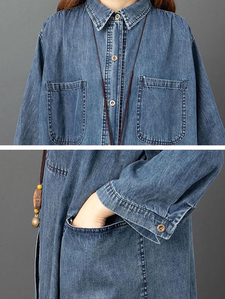 chouyatou Women's Spread Collar Button Down 3/4 Sleeve Oversized Denim Midi Long Shirt Dress with Pockets