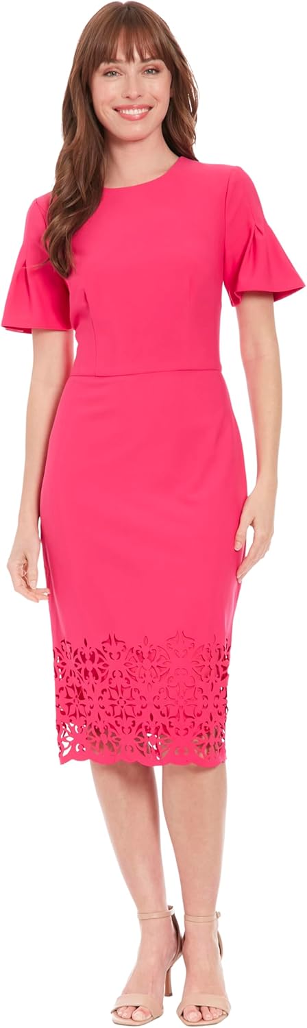 London Times Women's Pleated Flutter Sleeve Sheath with Laser Cut Border