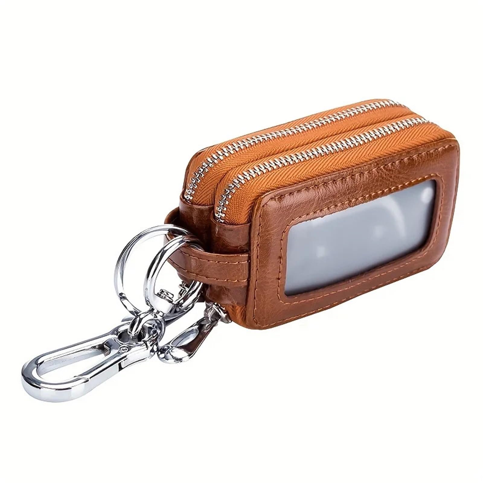 Car Key Chain Auto Split Leather 2 Zipper Case Holder Storage Bag For Man Women's Transparent Pocket(Red)