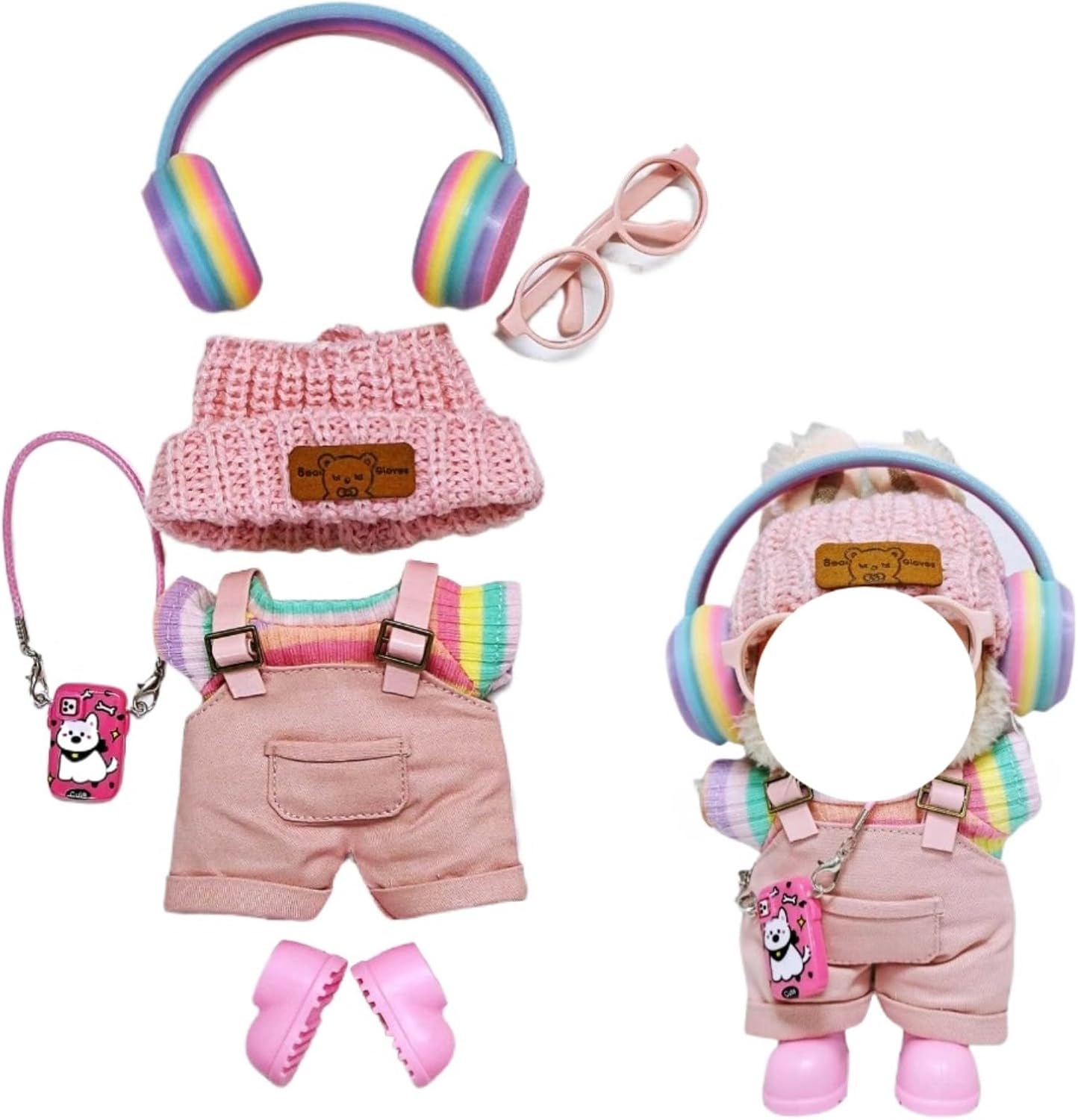 7 Pcs Clothes for Labubu (NO Doll) , Pink Overalls Set Earphone Glasses Bag Shoes for LBB Clothes 15cm/17cm Doll with Fashion Accessories (Rainbow)