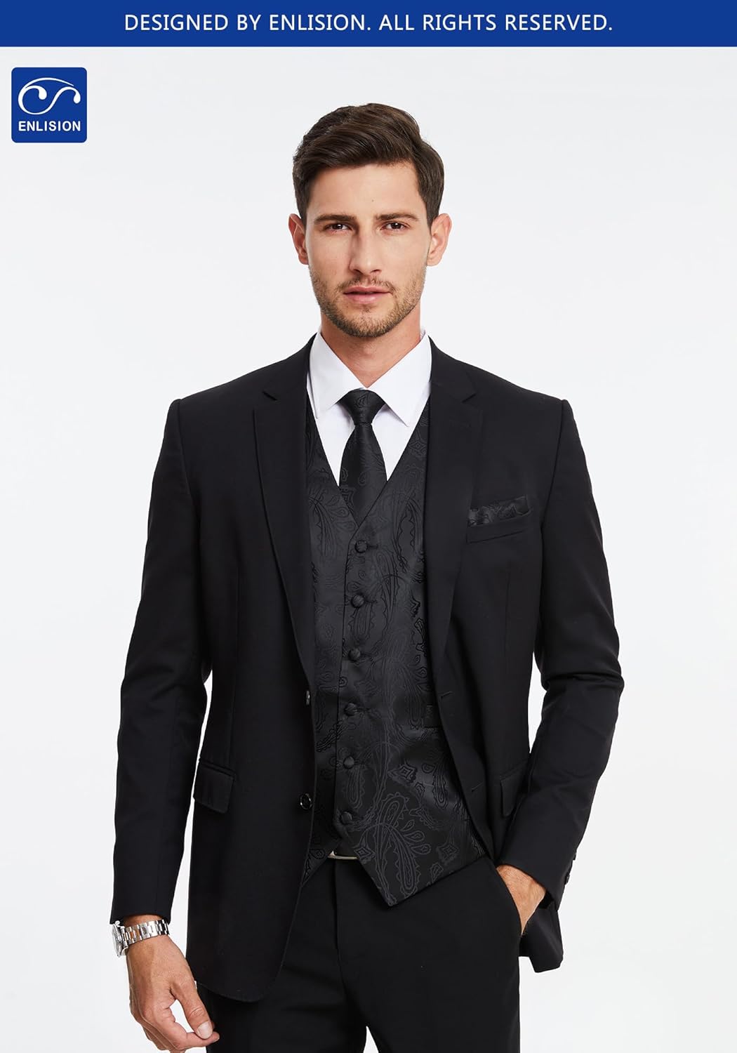 Enlision Mens Suit Vest Set 3PCS Paisley Tuxedo Vest & Tie Pocket Square for Wedding Prom Party Formal Business