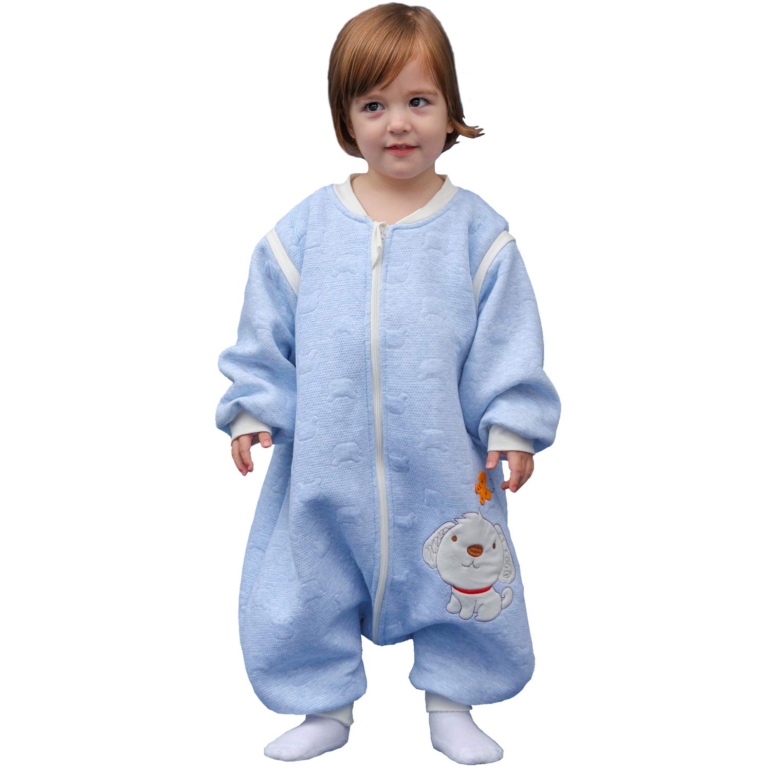 Sacco nanna invernale a maniche lunghe, per bimbe e bimbi, con aperture per i piedi e motivo di cagnolino, in cotone, unisex, per tutto l'anno, Blu 36-48 Monate