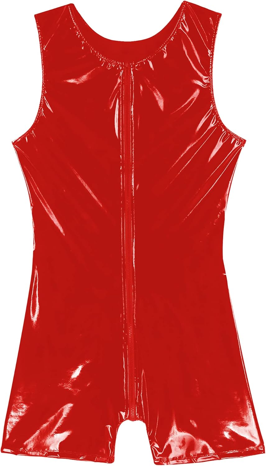 FEESHOW Men's One Piece Faux Leather Bodysuit Front Zipper Leotard Boxer Shorts Jumpsuit Clubwear