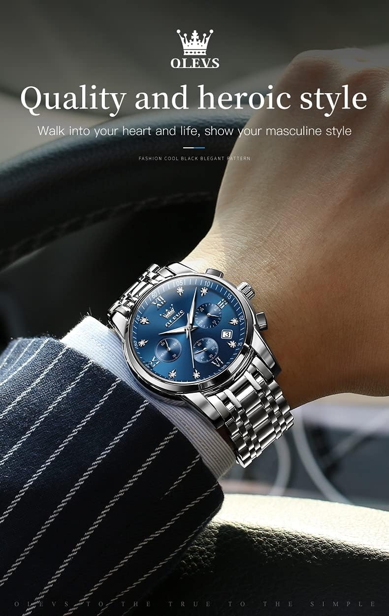 OLEVS Men Watches with Date Bussiness Watches for Male Luminous Quartz Mens Watches Waterproof with Stainless Steel Strap Stopwatch Timing Function (Silver Band Blue dial) - Image 8