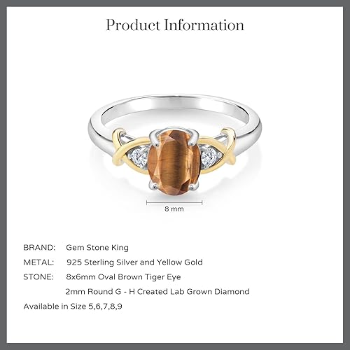 Miniatura 4 de Gem Stone King Anillo de plata 925 y oro amarillo de 10 quilates con ojo de tigre marrón y diamantes blancos cultivados en laboratorio para mujer