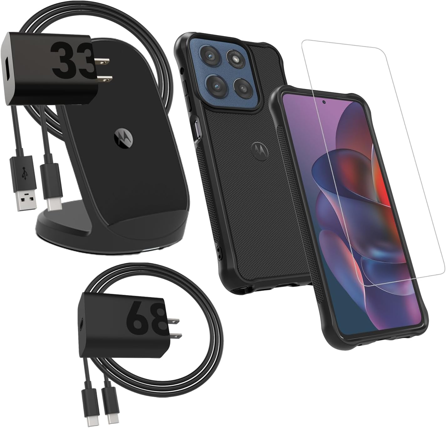 Motorola Moto G Stylus (2025/2026) Rugged Protective Case (Black) + 9H Tempered Glass Screen Protector + TurboPower Wireless Stand + 33W Charger + TurboPower 68W Charger