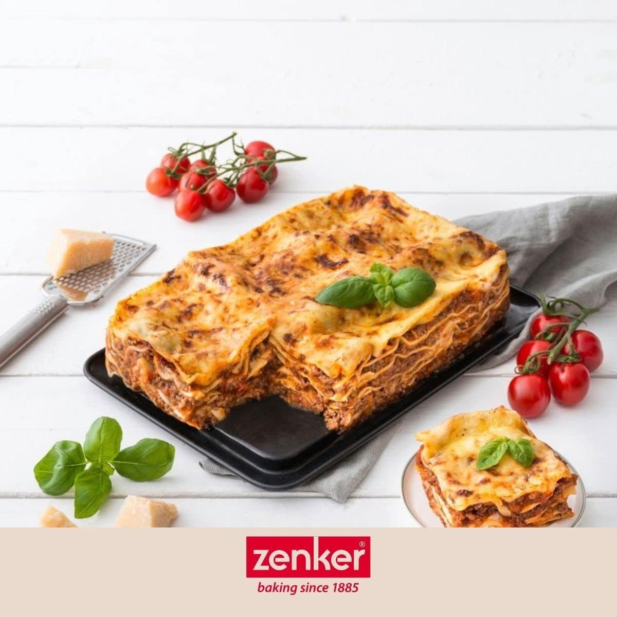 Zenker Molde desmontable para lasaña 7021 DELUXE, molde rectangular con base plana esmaltada, molde para pastel con protección contra fugas (color: negro metálico), cantidad: 1 pieza
