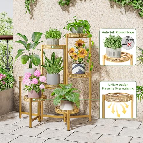 NQW 7 Tiered Metal Corner Plant Stand Indoor Outdoor, Tall Large Folding Rack with Rust Proof 10 Inch Wide Tray, Heavy Duty Flower Shelf for Multiple Plants for Patio - GoldWave — view 4