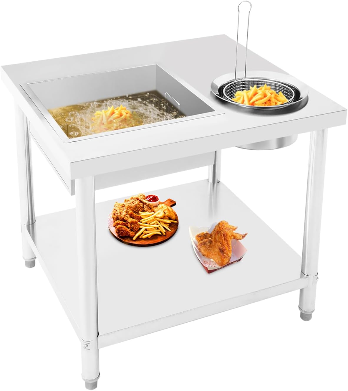 Commercial Breading Table, Fried Chicken Preparation Table 2-Tier Stainless Steel Workstation with Basin and Basket for Kitchen Restaurant Canteen