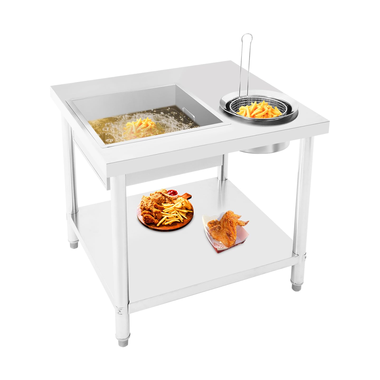 Tavolo di preparazione per pollo, in acciaio inox, struttura stabile, regolabile in altezza, tavolo di preparazione manuale con contenitori e cestini in acciaio inox, per fast food e ristorante