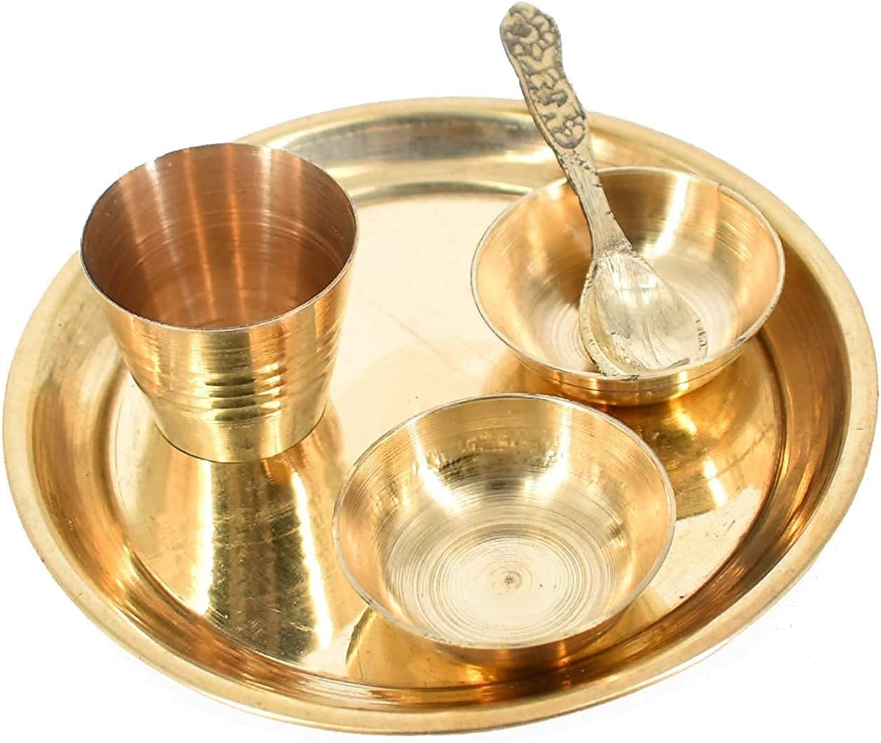 SIYAA ;- Lord krishna's Pooja Bhog Thali/Plate Set for Home Temple Decor In Gold Colour set of 5 pcs (1 pcs pooja plate,1 pcs spoon,2 pcs katori, 1 pcs glass) (JK65HG)