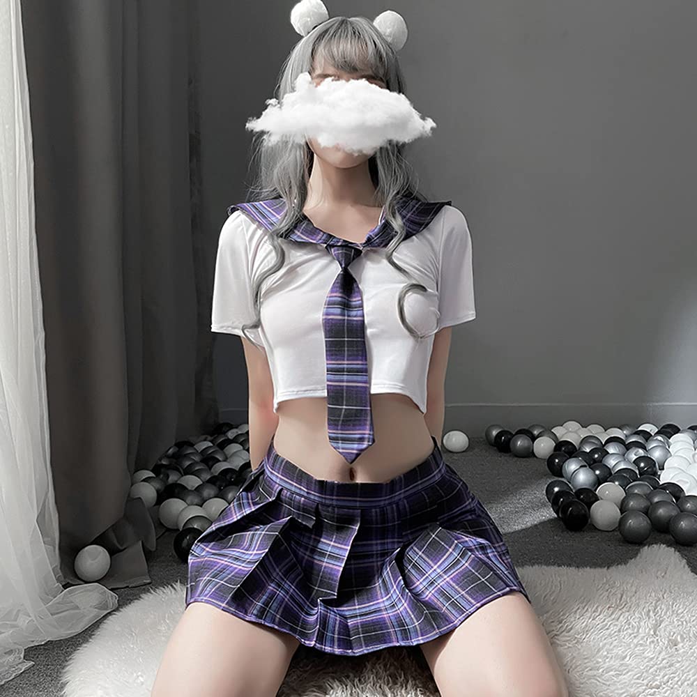 Schoolgirl Outfits Japanese Plaid Pleated Skirt JK Uniform Cosplay Lingerie: 7039white Purple