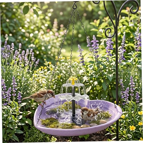 Fontaine solaire pour bain d'oiseaux extérieur violet suspendu en cœur