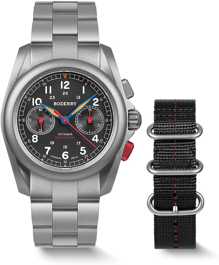 BODERRY Titanium Chronograph for Men, Automatic Mechanical Field Watch, Sapphire Crystal, 200M Waterproof- Voyager