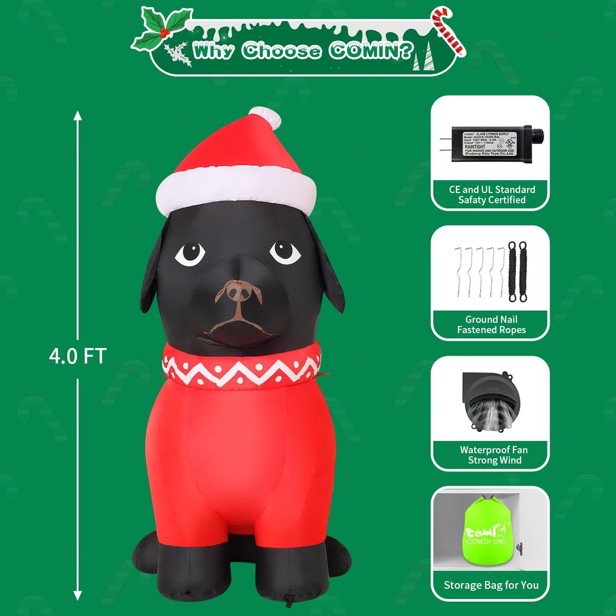 COMIN 4 FT Tall Christmas Inflatables Outdoor Decorations Blow Up Xmas French Bulldog Wearing Red Sweater with Built-in LEDs for Christmas Indoor Outdoor Yard Lawn Garden Decorations - Image 6