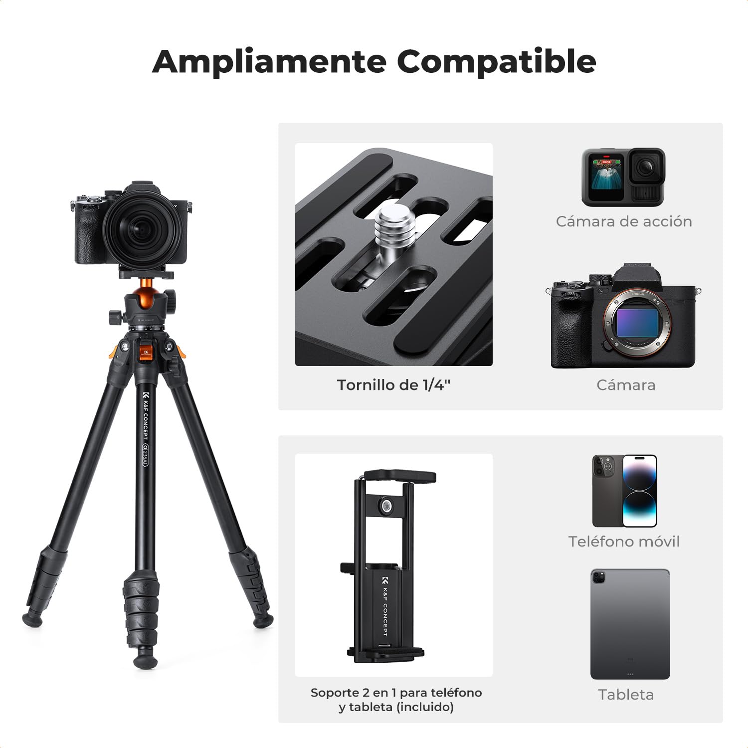 K&F CONCEPT 163CM Trípode Cámara Aluminio, Trípode Ligero y Compactop, Peso 1,2 kg y Carga Máxima de 10 kg para cámaras DSLR, Prismáticos, Telescopios Terrestres, Videocámaras y Teléfonos