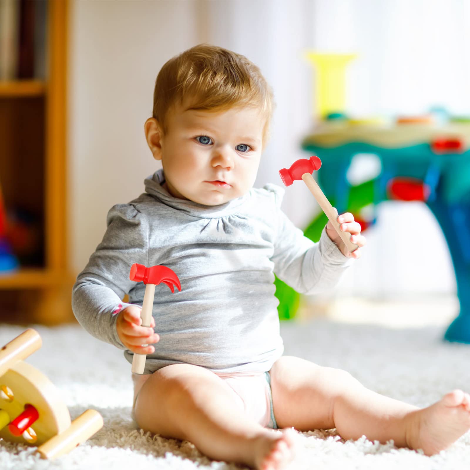 Martillo de juguete de mazo de madera, martillos de madera de simulación, martillos de madera pequeños de plástico para niños, martillo falso de mantenimiento portátil, herramientas para 7