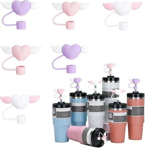 Love Wings - Fundas de paja de silicona, 6 unidades, diseño de San Valentín, para copa Stanley, de 30 y 40 onzas, 0.394 in, tapas de pajilla, fundas