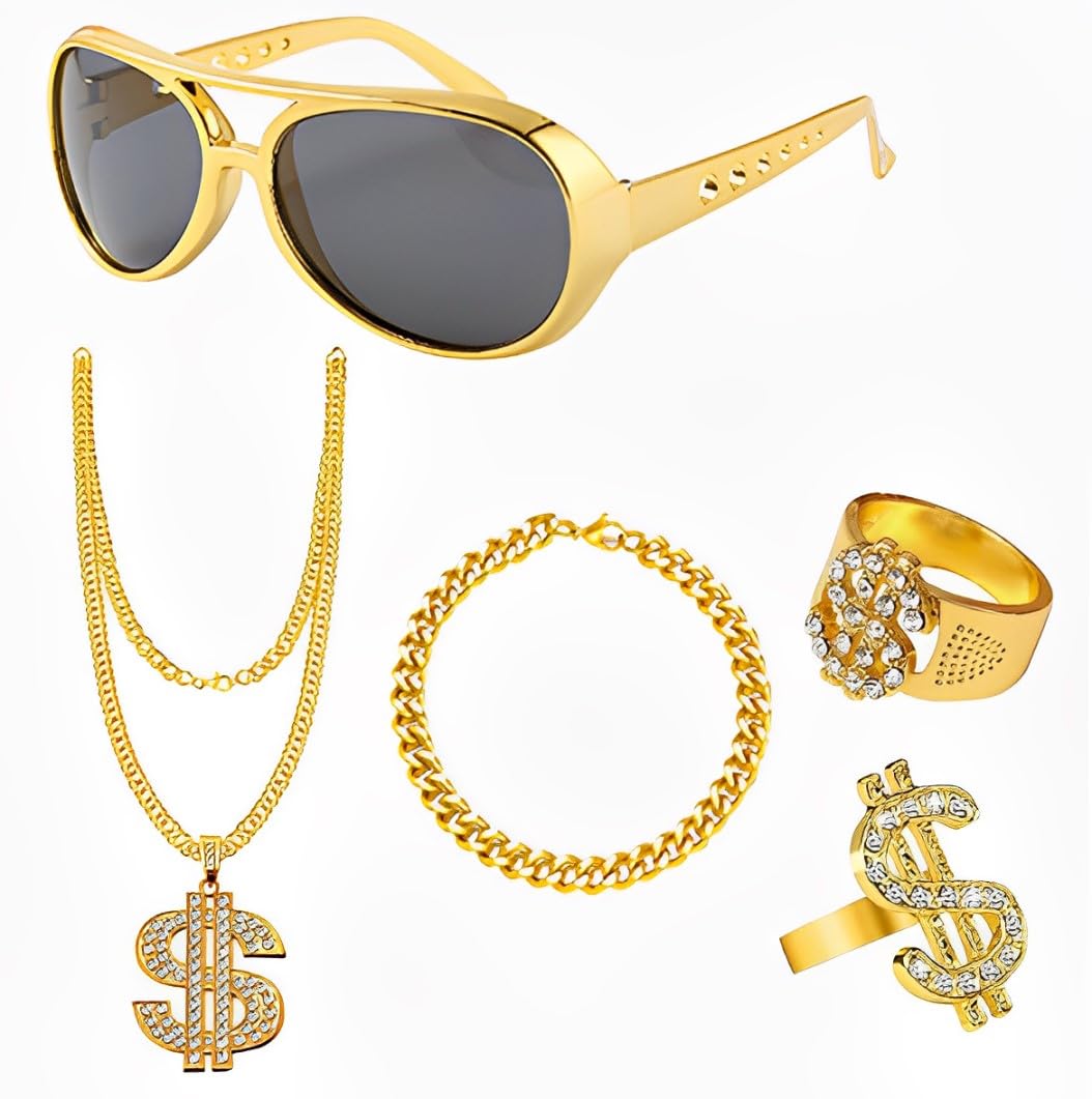GegXcn 5pcs Hip Hop Costume Kit, 80s/90s Retro Hip Hop Fancy Dress Accessories for Kids & Adults, Fake Gold Chain Necklace, Bracelet, Hip Hop Ring, and Retro Sunglasses for Disco Rapper Outfit