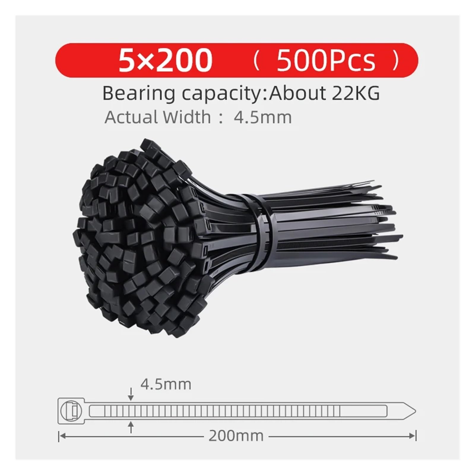 Fascette stringicavo in nylon, larghezza: 2,5/3,5/4,5 mm, autobloccanti in plastica ad alta resistenza, chiusura lampo in filo nero, 250/500/1000 pezzi (4,5 x 200 mm, 500 pezzi)