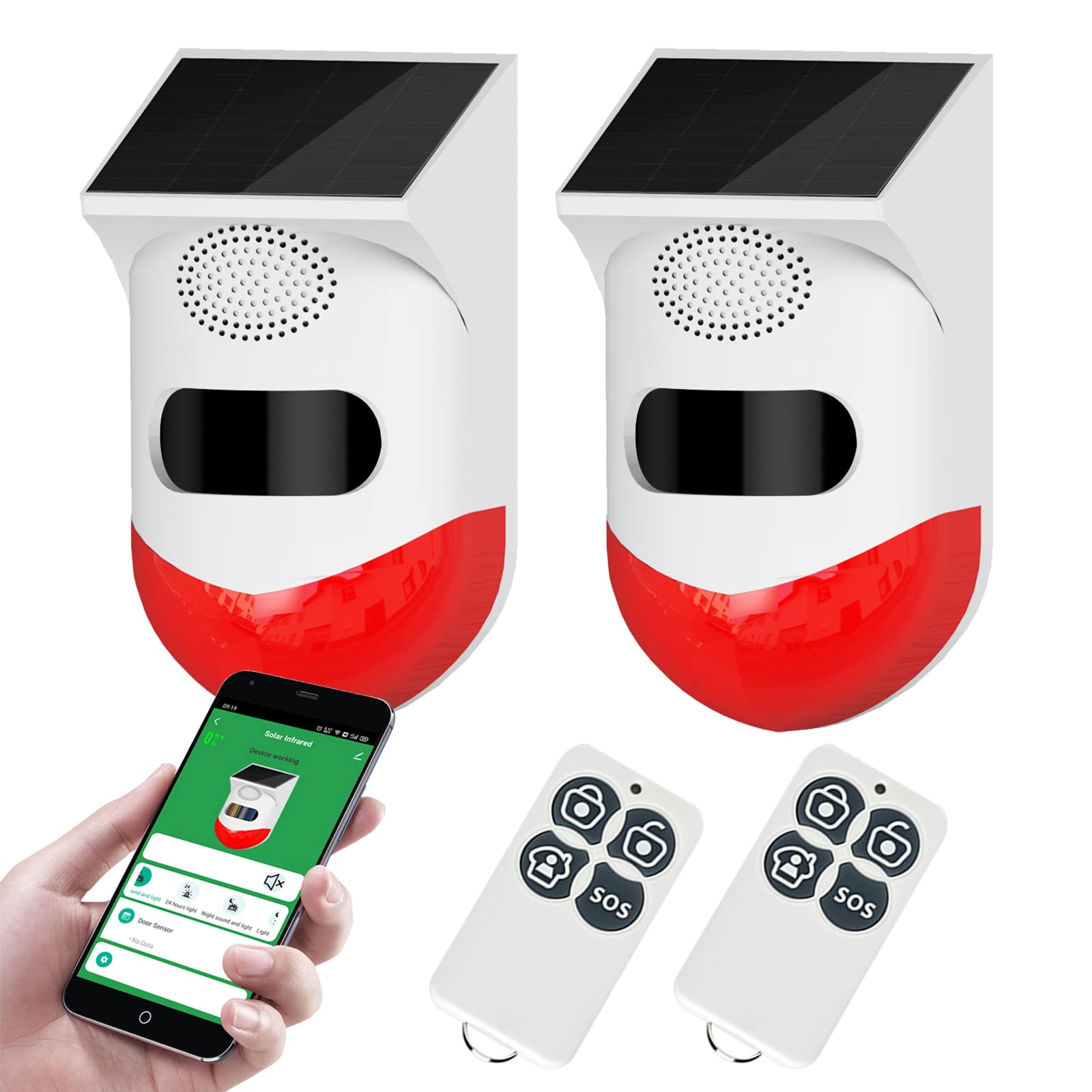 SEHOMY 2 Pack Solar Strobe Light with Motion Sensor Detector and Remote Controller, Smart Solar Alarm Lights Outdoor 120db Sound Siren Night Mode, for Home, Farm,Barn,Villa,Yard