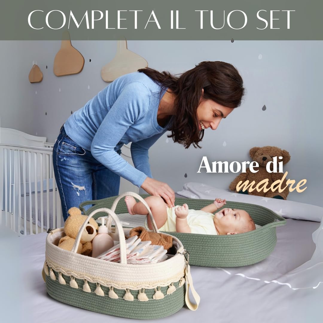 Cesta Fasciatoio per Neonati – Cestino Portatile con Materasso Impermeabile – Fasciatoio da Tavolo o da Viaggio – Moses Cestino per Comò – Design Verde Decorazione Stanza Bambino (Verde)