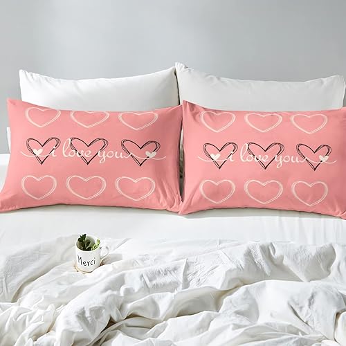 Miniatura 5 de Juego de sábanas con estampado de corazón rosa con texto en inglés "I Love You" para mujer, esposa, marido, flecha, decoración de dormitorio, juego