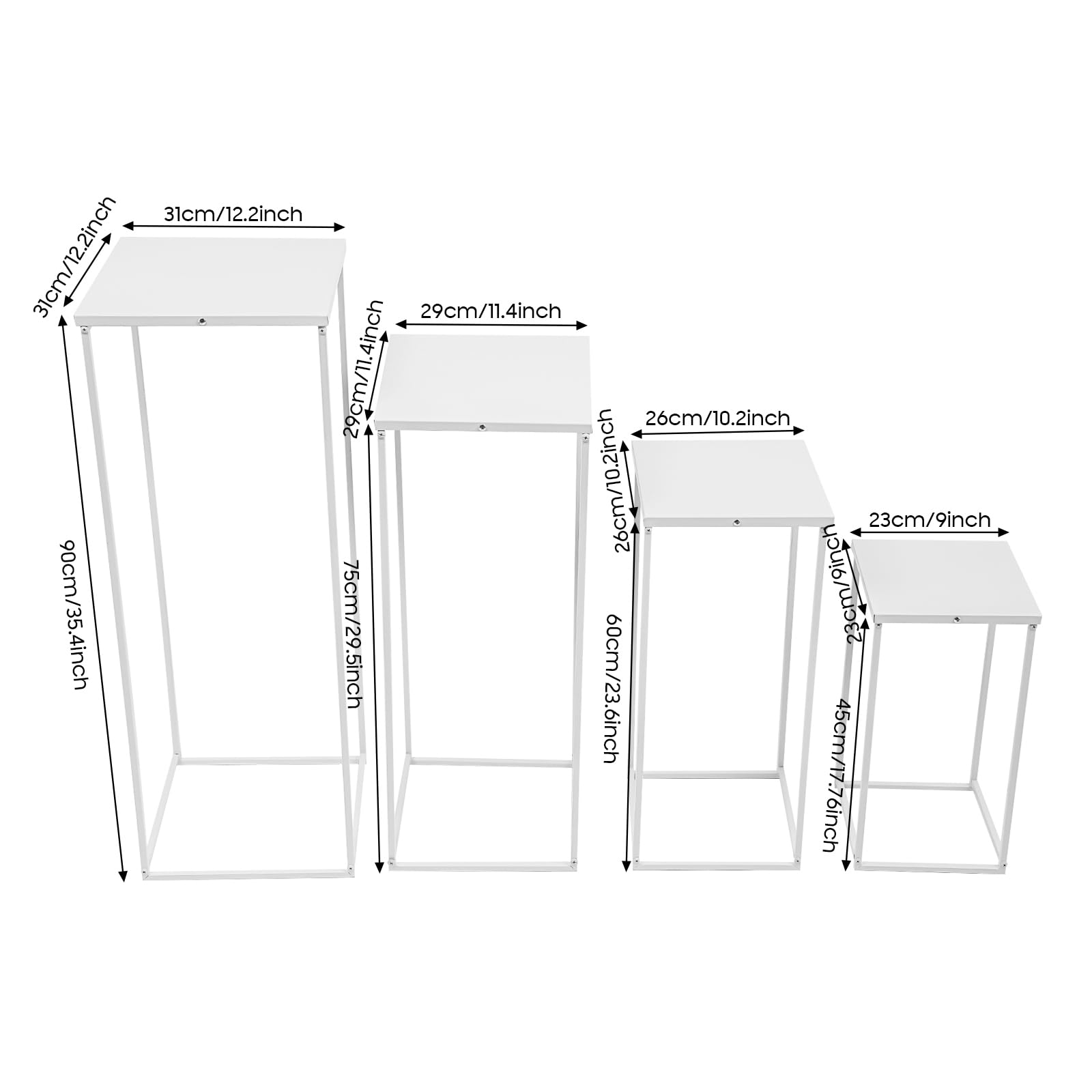 Set di 4 Sgabelli per Fiori, In Metallo, Forma Rettangolare, Supporto Per Colonna Vaso Geometrico Espositore Per Fiori Decorazione a Colonna, Bianco, 4 dimensioni