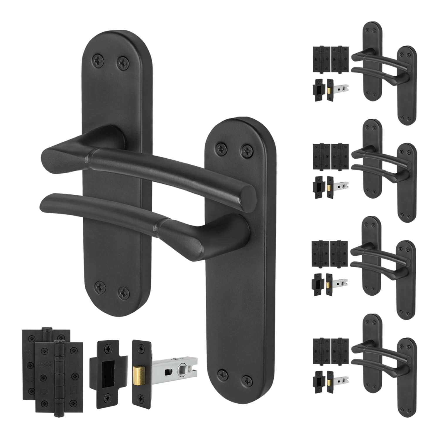 EAI Black Door Handle Latch Set, 5 Pairs Matt Black Internal Handles on Backplate, Hinges 76mm, Latches 64mm - Bova Range