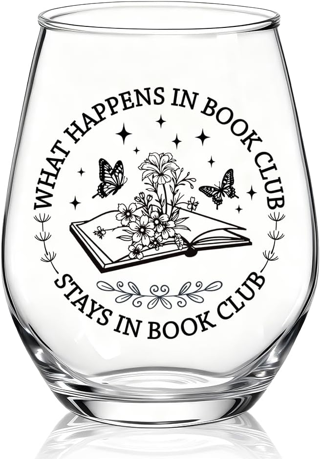 XQLZY What Happens In Book Club Stays In Book Club Stemless Wine Glass, Funny Reading Wine Glass Gifts for Lady Reader, Christmas Birthday Thanksgiving Gifts for Women Mom Aunt BFF