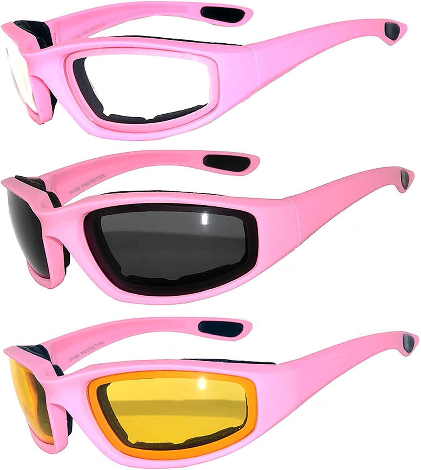 OWL 3 Pack Motorcycle Riding Glasses, Padded Sport Sunglasses, Assorted Colors for Men and Women