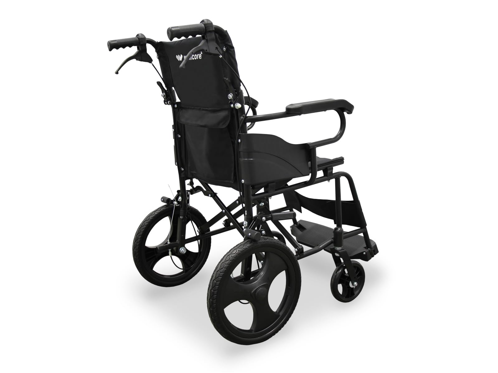 WELLCORE Fauteuil roulant de transfert pliant, châssis en acier, léger et compact, roues solides, freins à poignée, dossier pliable, largeur d'assise 46 cm, jusqu'à 100 kg.