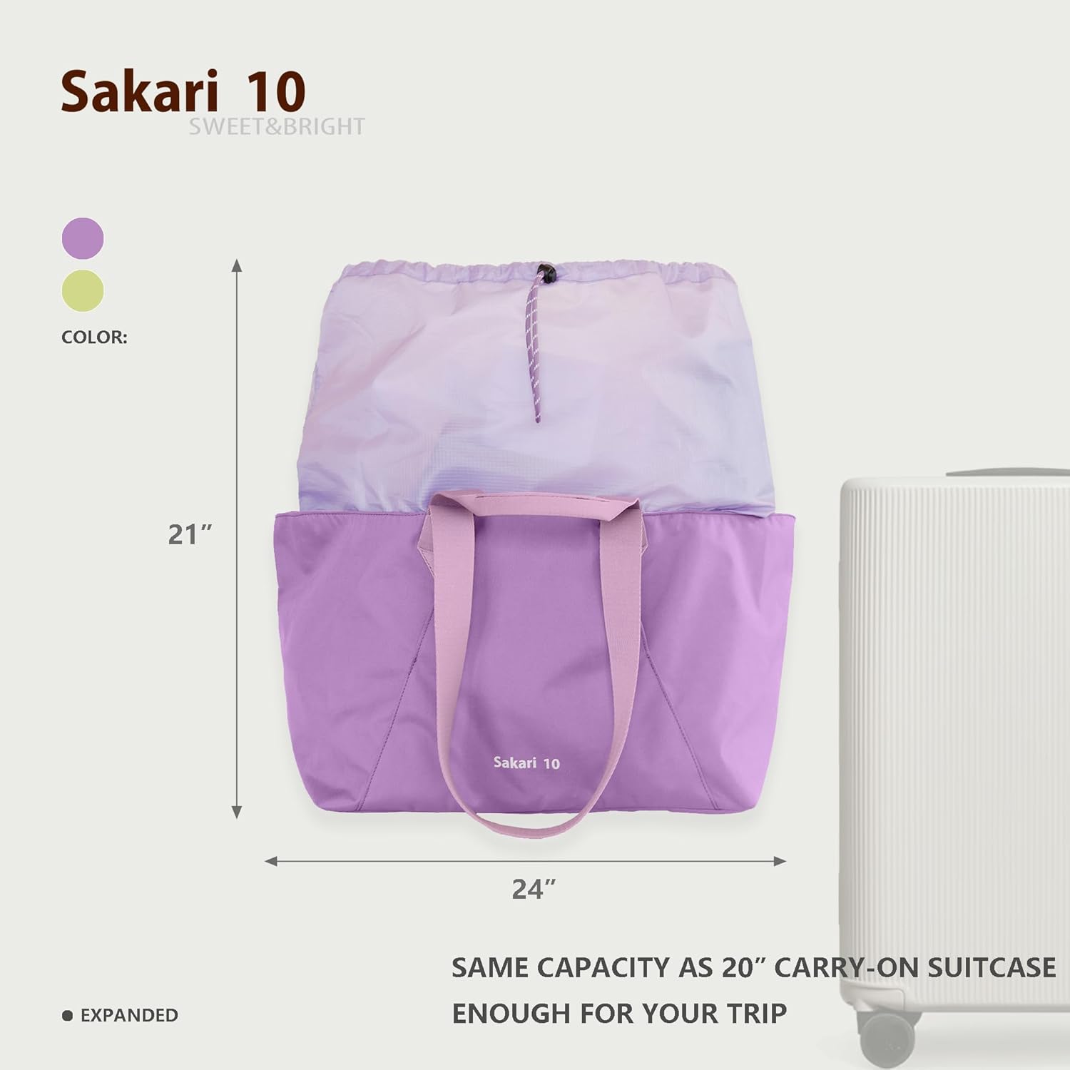 Women's Extra Large Expandable Foldable Tote Bag, Lightweight Multi-Pocket Drawstring Travel Bag, Purple, 25L